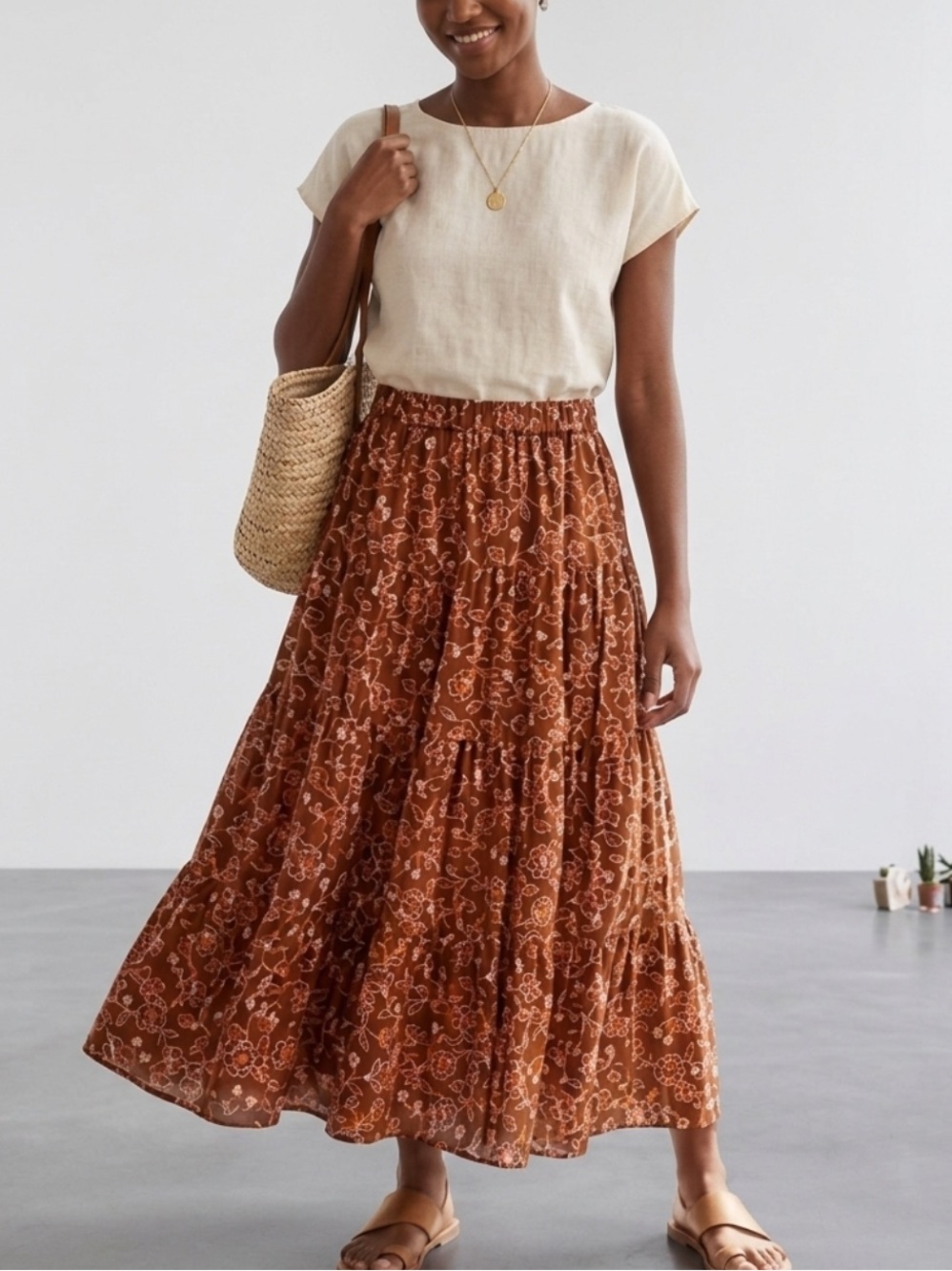 J.Crew Organic Cotton Vintage Vines Floral Print Tiered Pull-On Maxi Skirt - Picture 1 of 16